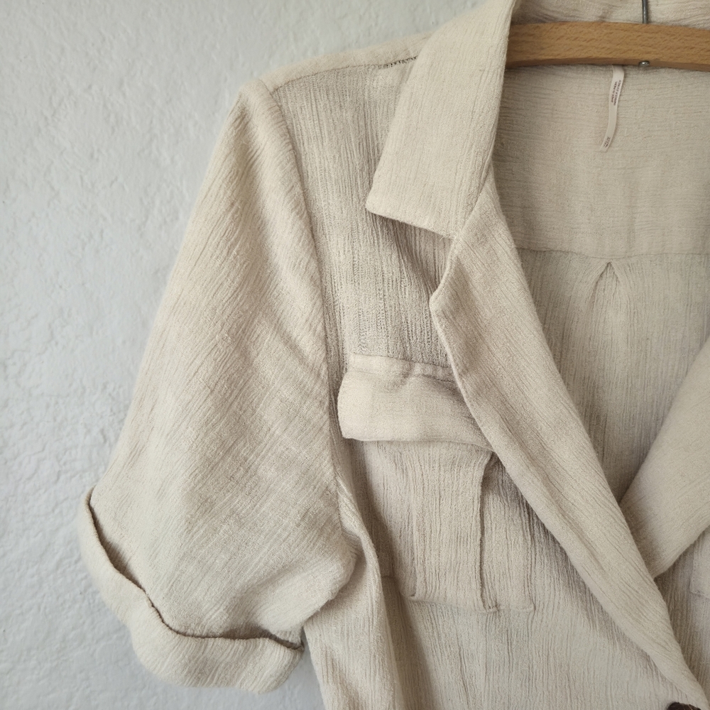 Free People Clementine Linen Mini Dress XS Cream Textured Wrap Collared Belted - Picture 3 of 13